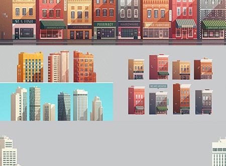 Grouped downtown buildings vector illustrations