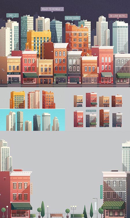 Grouped downtown buildings vector illustrations