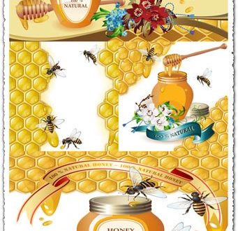 Honey cups and bees vectors