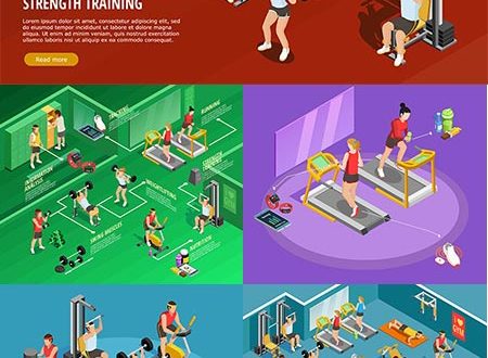 Isometric gym with sports equipments vectors