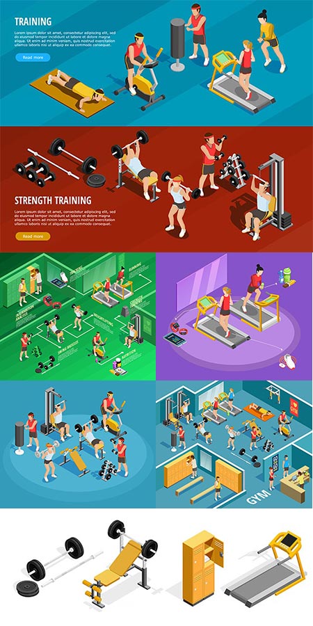 Isometric gym with sports equipments vectors