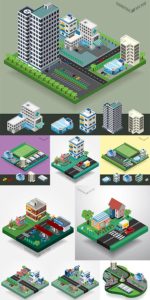 Isometric street buildings concept vectors