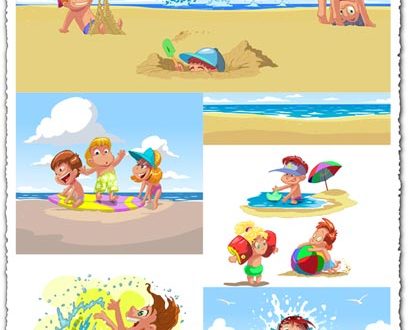 Kids playing on beach vector cartoons