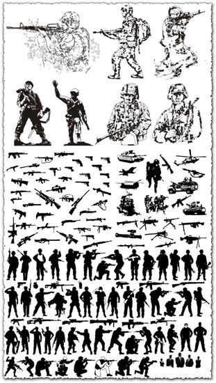 Modern soldiers and weaponry vectors