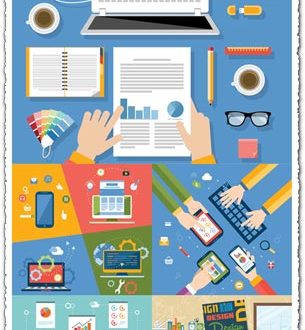 Office work, technology and infographics flat design