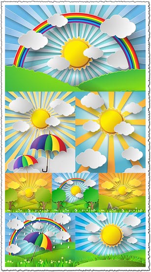 Paper stickers effect with sunburst landscape vector