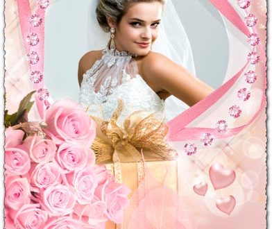 White dress bride in pink frame for Photoshop