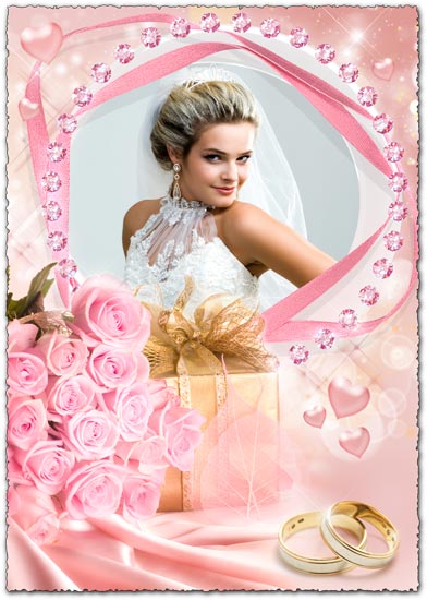 White dress bride in pink frame for Photoshop