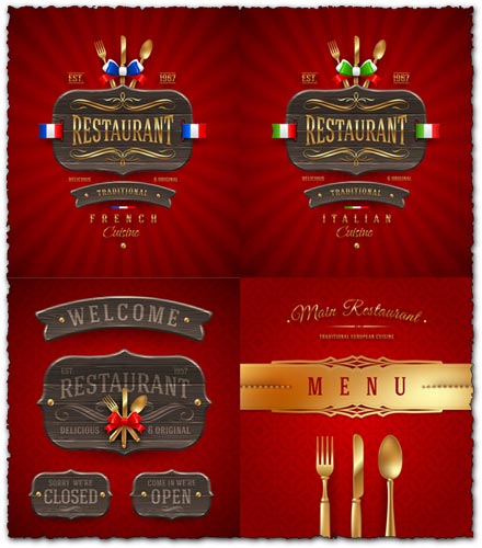 Restaurant wooden sign and menu cover vectors