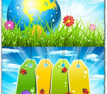 Spring landscapes with tags and globe vectors