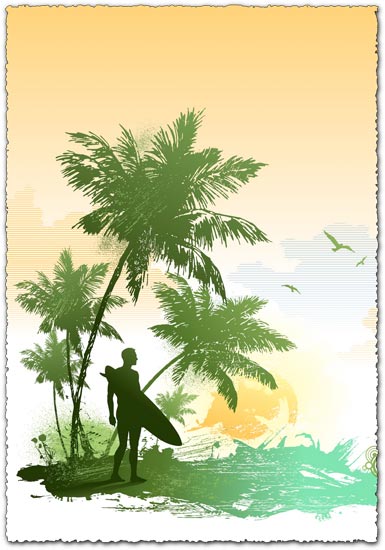 Surfer with palm trees vector