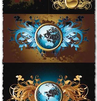 Vintage labels, crowns and globes vectors