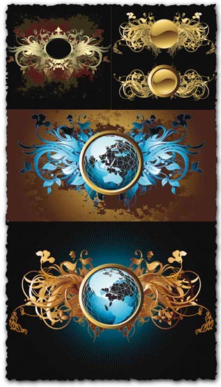 Vintage labels, crowns and globes vectors