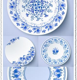 White plates with russian ornament vectors