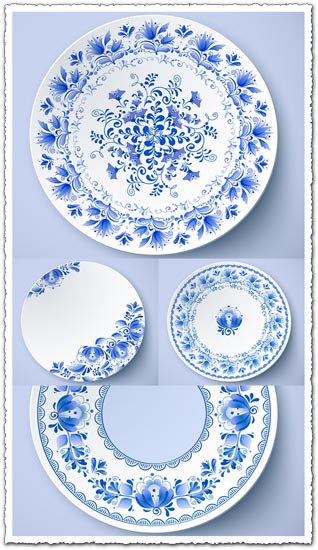 White plates with russian ornament vectors