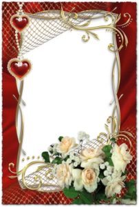 White roses on wedding photo frame