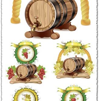 Wine barrels with white and purple grapes vectors
