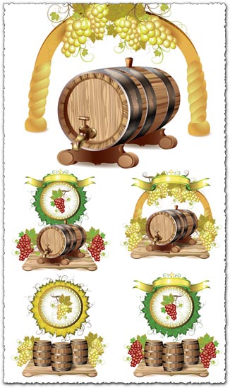 Wine barrels with white and purple grapes vectors