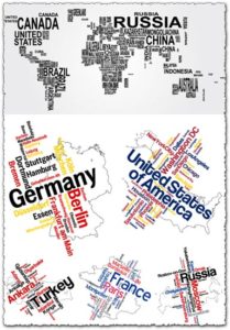 Word collage as continents and countries vectors