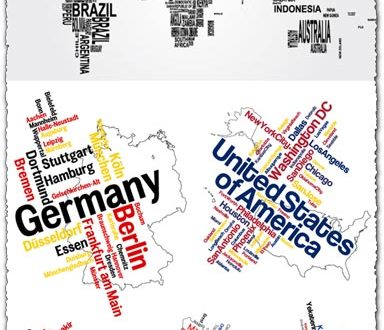 Word collage as continents and countries vectors
