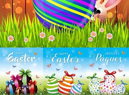 Friendly bunnies and painted Easter eggs vectors