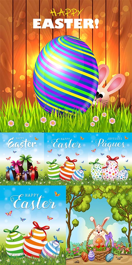 Friendly bunnies and painted Easter eggs vectors