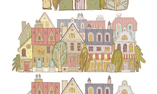 Hand drawn houses and trees vectors