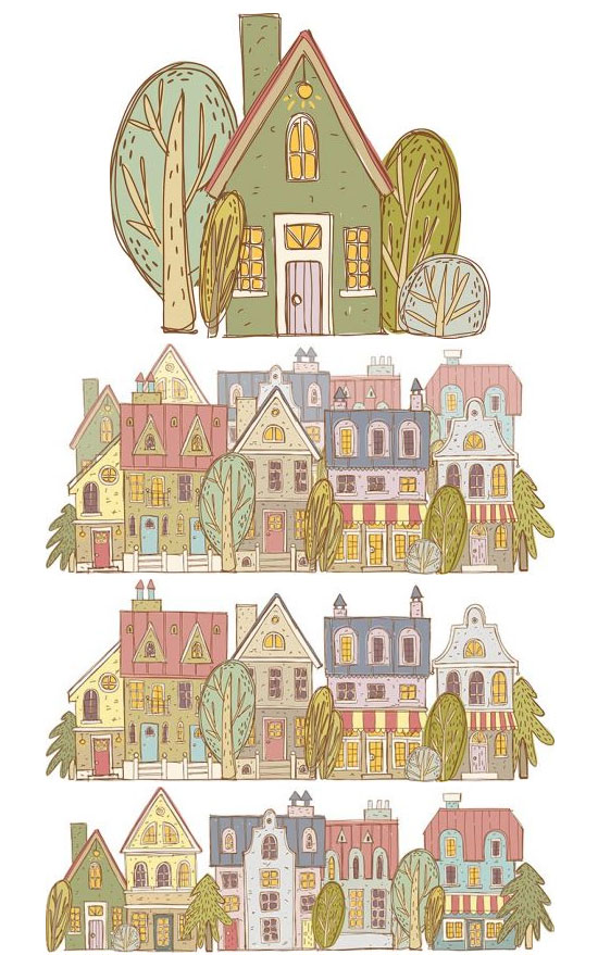 Hand drawn houses and trees vectors