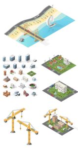 Miniature isometric city vector elements