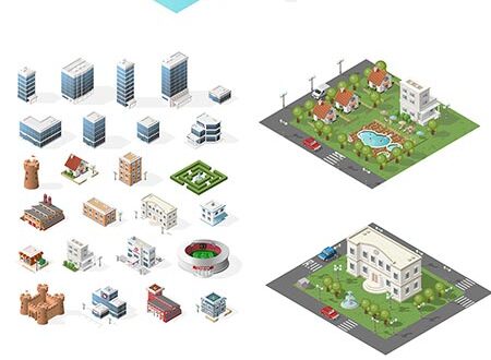 Miniature isometric city vector elements
