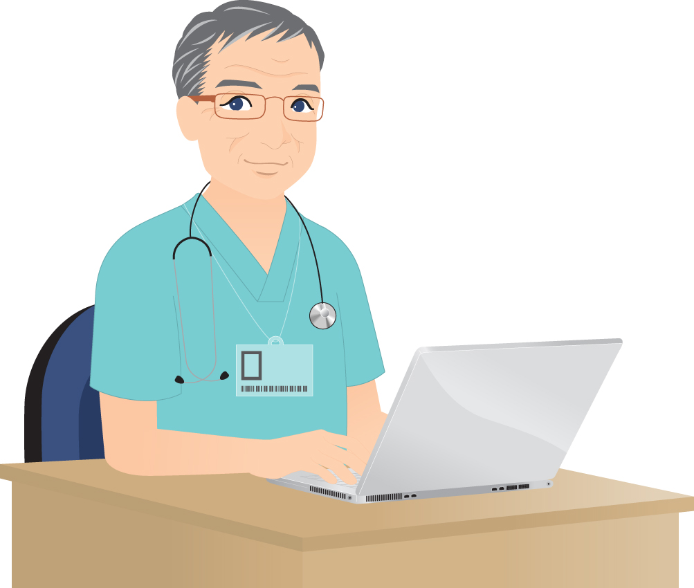 Doctor in a green coat writing diagonstic on laptop vector