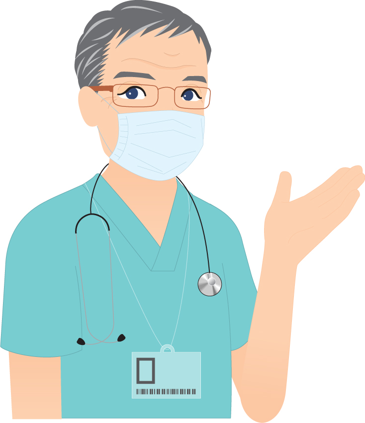 Doctor in green coat with stethoscope raising hand vector