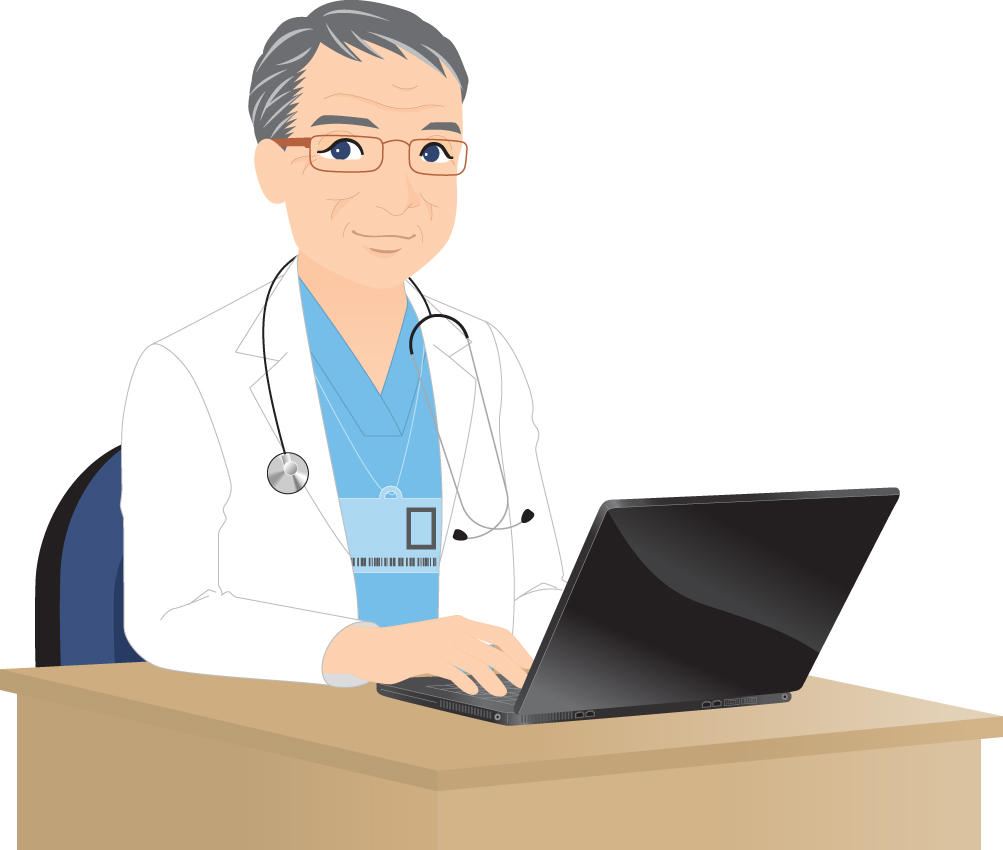 Surgeon writing diagnostic on laptop vector