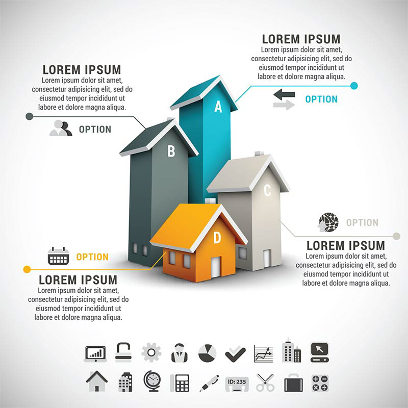 Business Infographic with 4 Houses Vector Illustration