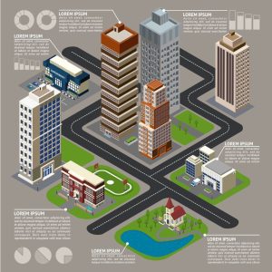 Isometric Cityscape Infographics: Vector Buildings with Charts