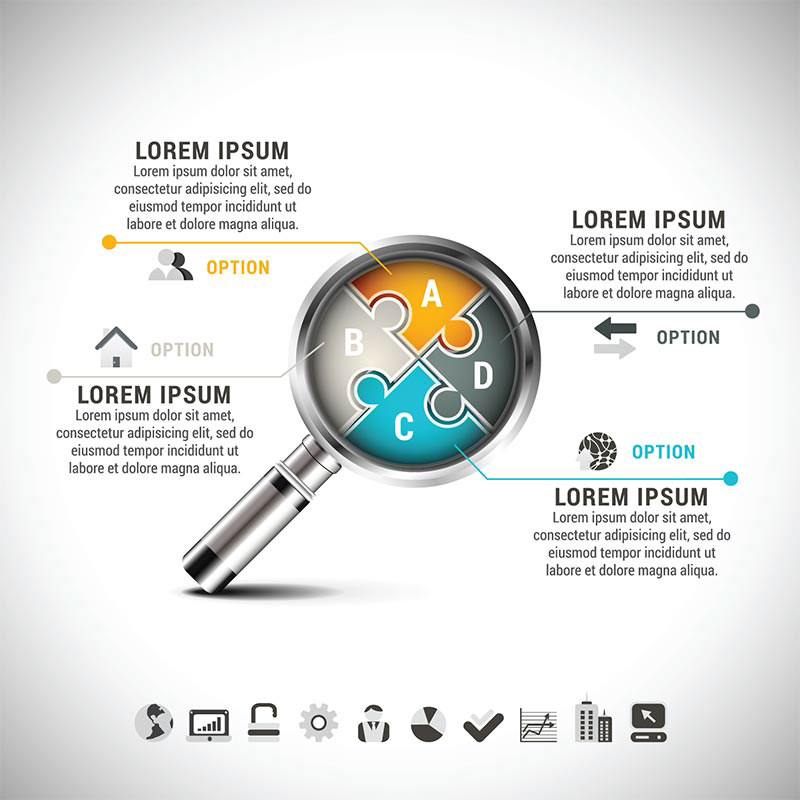 Magnifying glass puzzle composition infographic vector