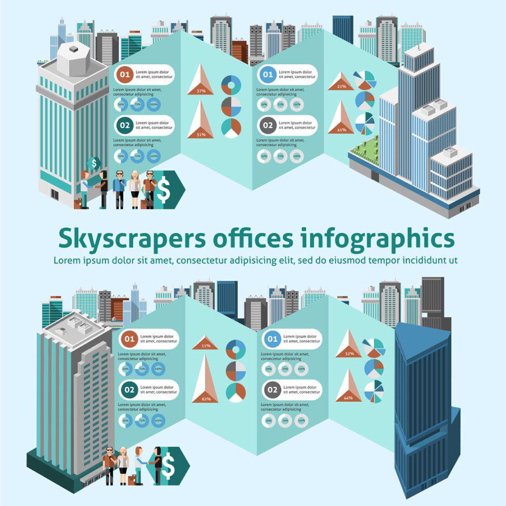 Vector City Heights: Isometric Skyscrapers and Infographic Insights