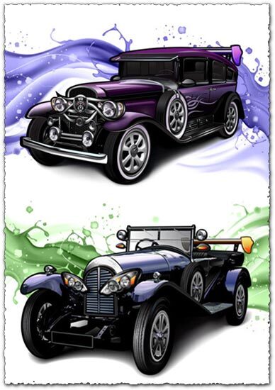 Classic cars with a splashy purple background